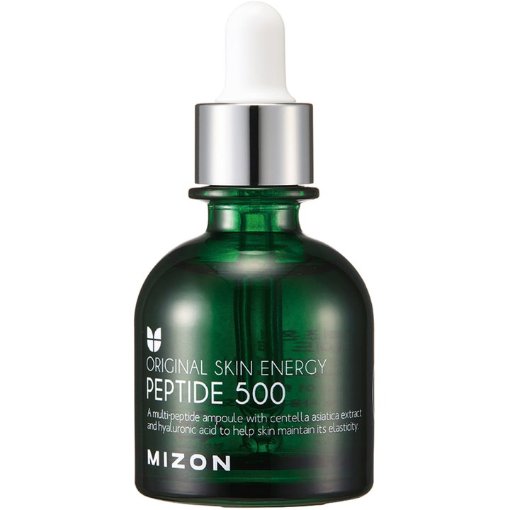 Mizon Peptide 500 30 ml oppstrammende serum som gir elastisitet i grønn glassflaske med sølvdetaljer og hvit pipette