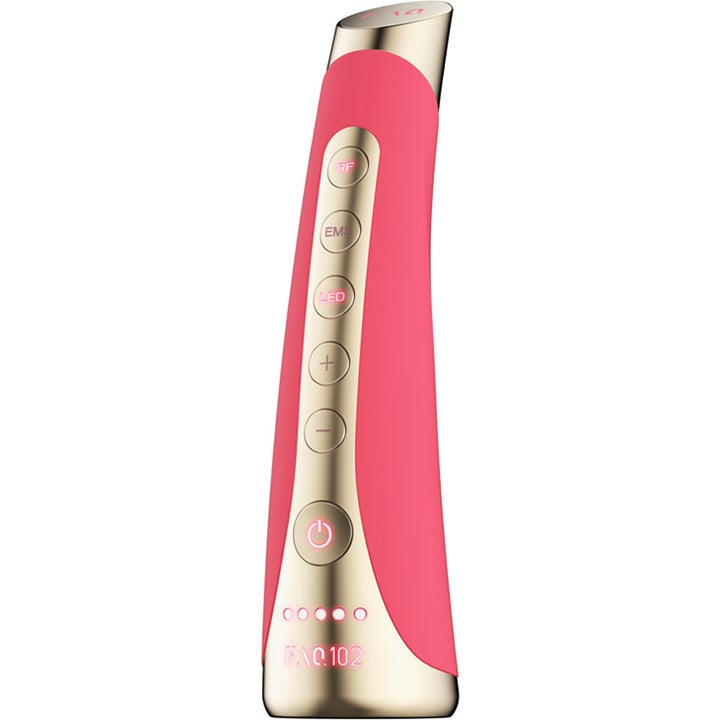 FAQ Swiss FAQ 102 LED-Pulse Facial Device Pink Ruby 1 stk hudpleieenhet i rosa og gull med RF EMS og LED knapper