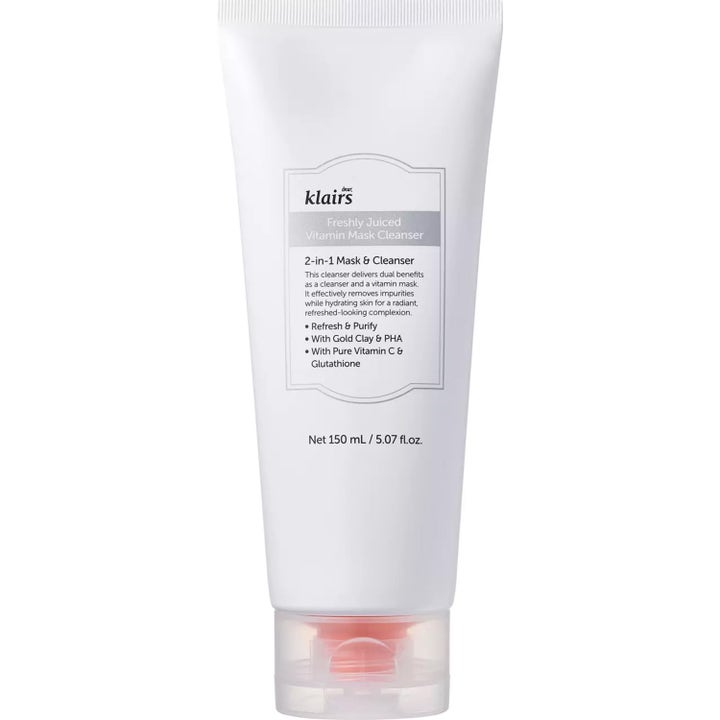 Klairs Freshly Juiced Vitamin Mask Cleanser 150 ml rensende ansiktsmaske med vitamin C i hvit tube med sølvdetaljer