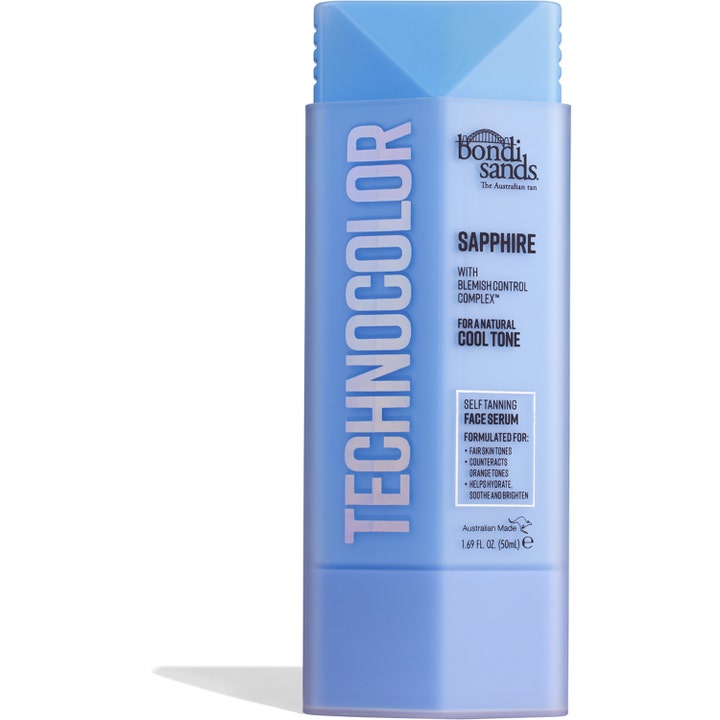Bondi Sands Technocolor Sapphire 50ml selvbruningsserum for ansikt i lyseblå flaske som gir en naturlig kald tone