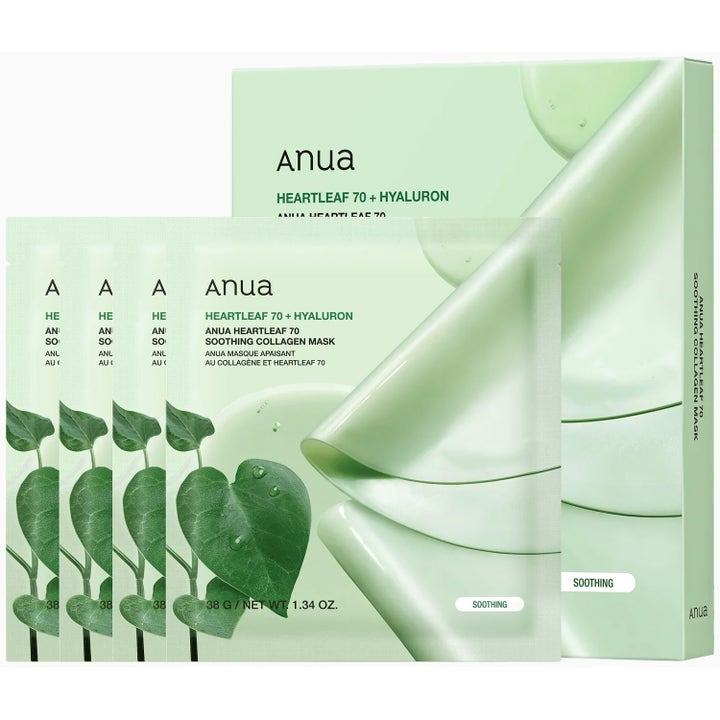 Anua Heartleaf 70 + Hyaluron Soothing Collagen Mask 38g beroligende ansiktsmaske i lysegrønn innpakning med hjerteblader.
