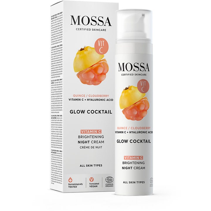 Mossa Glow Cocktail Vitamin C Brightening Night Cream 50 ml i hvit pumpeflaske med illustrasjon av kvede.