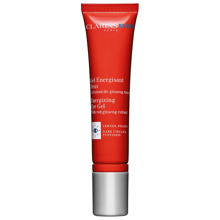 Clarins Men Energizing Eye Gel 15 ml oppfriskende øyekrem mot mørke ringer i rød tube med sølvfarget kork