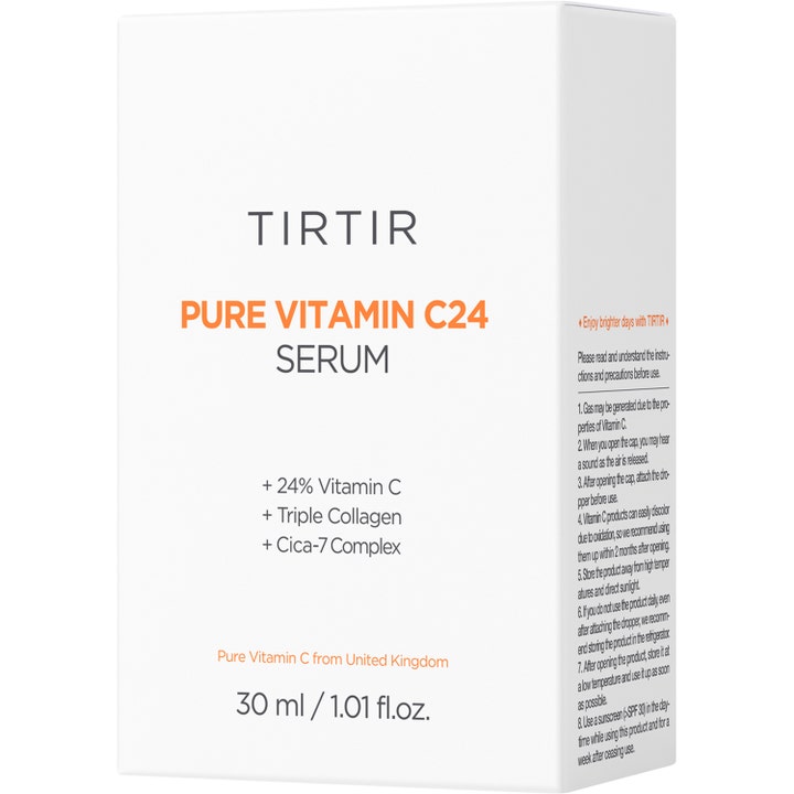 TIRTIR Pure Vitamin C24 Serum 30 ml glødgivende ansiktsserum i hvit eske med vitamin C, kollagen og cica-kompleks.
