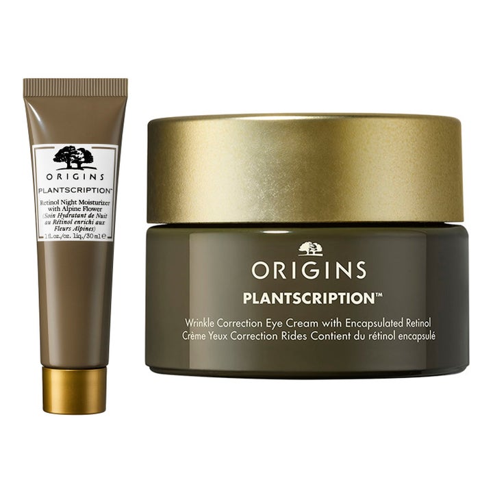 Origins Plantscription Retinol nattkrem 30ml og øyekrem som reduserer rynker i mørkegrønne beholdere med gullfargede lokk.