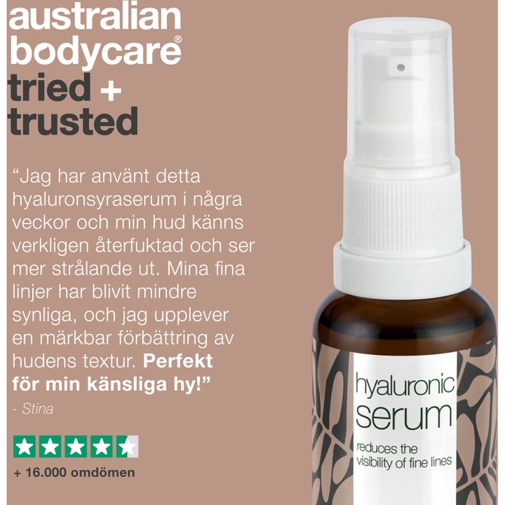 Australian Bodycare Hyaluronic Serum 30 ml fuktighetsgivende ansiktsserum i brun glassflaske med hvit pumpe