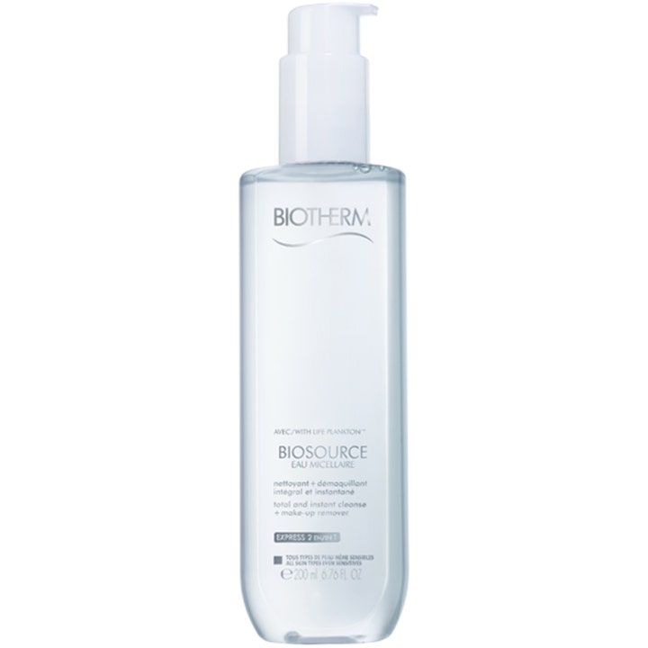 Biotherm Biosource Eau Micellaire 200 ml rensende micellærvann i en klar plastflaske med hvit pumpe