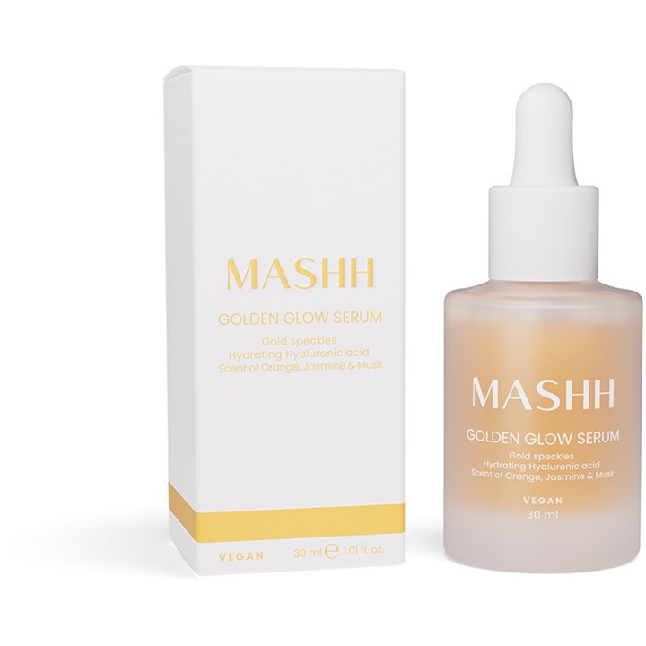 MASHH Golden Glow Serum 30 ml vegansk fuktighetsgivende serum i frostet glassflaske med hvit eske