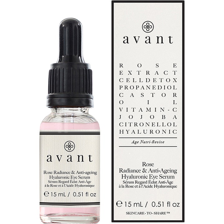 Avant Skincare Rose Radiance &amp; Anti-ageing Hyaluronic Eye Serum 15 ml øyeserum i glassflaske med pipette og hvit eske