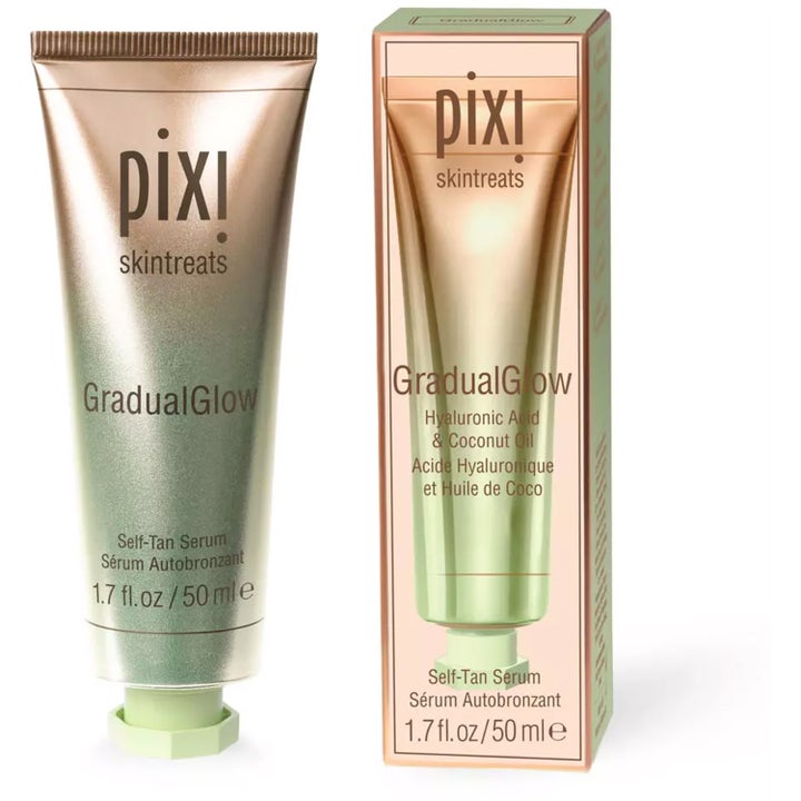 Pixi GradualGlow Laughter Serum 50 ml selvbruning for ansikt i tube og eske med hyaluronsyre og kokosolje