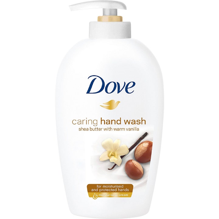 Dove Caring Hand Wash Shea Butter & Warm Vanilla pleiende håndsåpe i hvit pumpeflaske med vaniljeblomst og sheanøtter