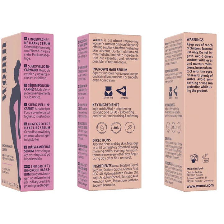 Womn Womn Ingrown Hair Serum 50 ml mot ingrodde hår i rosa og ferskenfarget eske som viser AHA og BHA syrer.