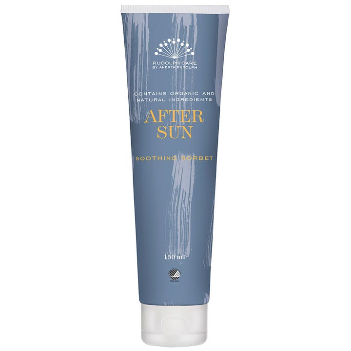 Rudolph Care After Sun Soothing Sorbet 150 ml beroligende after sun i en gråblå tube med hvite penselstrøk.