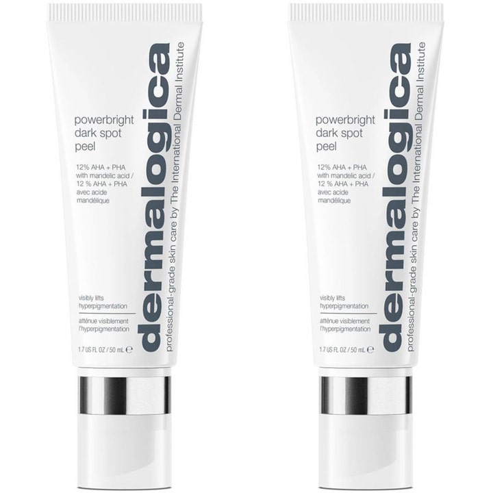 Dermalogica Powerbright Dark Spot Peel 50 ml eksfolierende ansiktsmaske i to hvite tuber med sølvfargede lokk