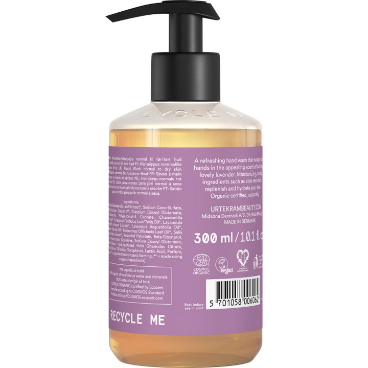 Urtekram Hand Wash Soothing Lavender 300 ml beroligende håndsåpe viser baksiden med lilla etikett og Ecocert-logo.