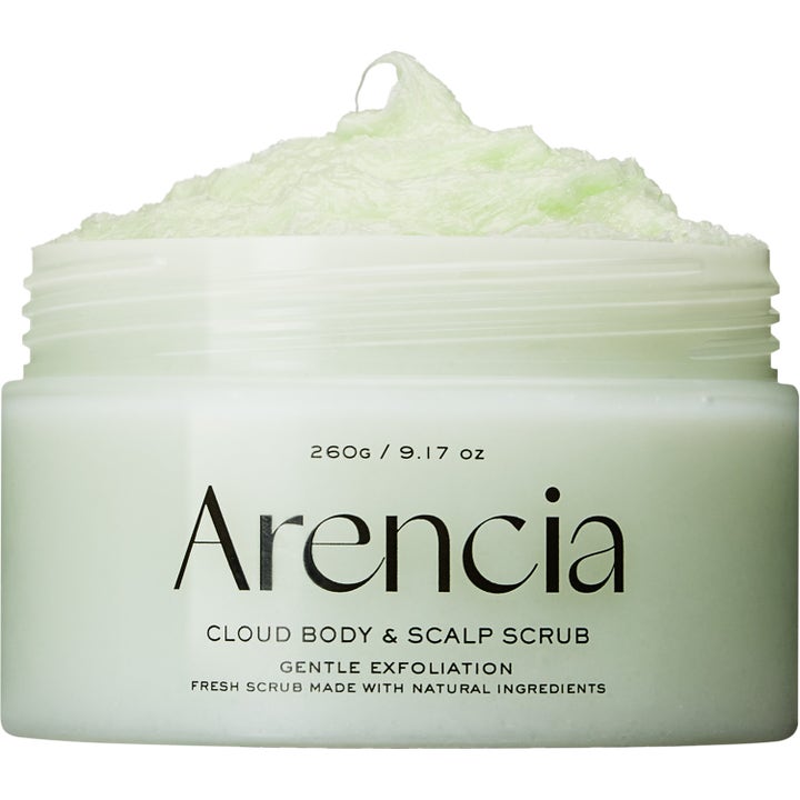 Arencia Cloud Body & Scalp Scrub 260g eksfolierende skrubb i lysegrønn krukke med en luftig pisket tekstur