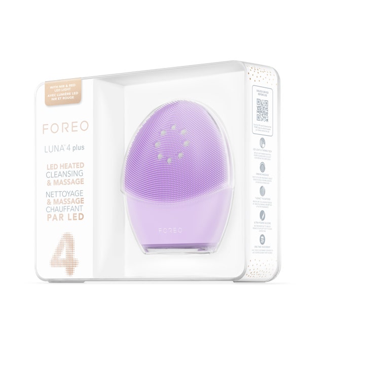 FOREO LUNA 4 plus 1 stk lilla silikonbørste i eske som gir dyprens og massasje med NIR og rødt LED-lys.