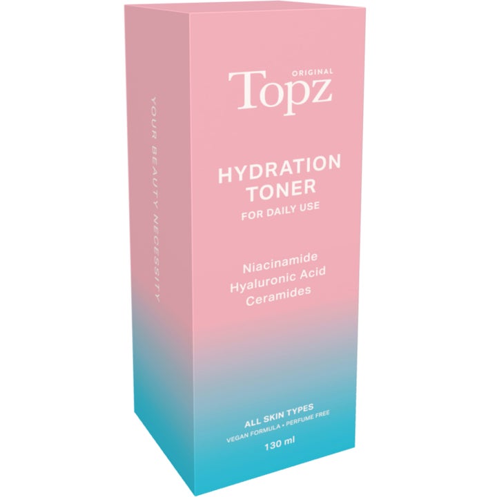 Topz Daily Face Toner 130 ml fuktighetsgivende ansiktsvann i rosa og blå eske med niacinamid