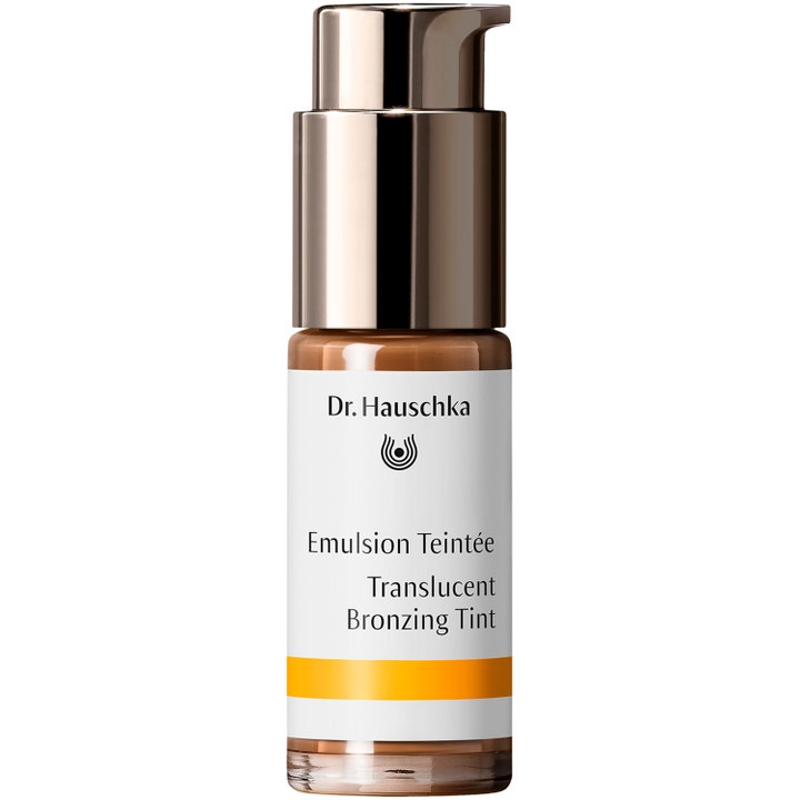 Dr. Hauschka Translucent Bronzing Tint 18 ml gir solkysset glød i glassflaske med bronsefarget pumpe