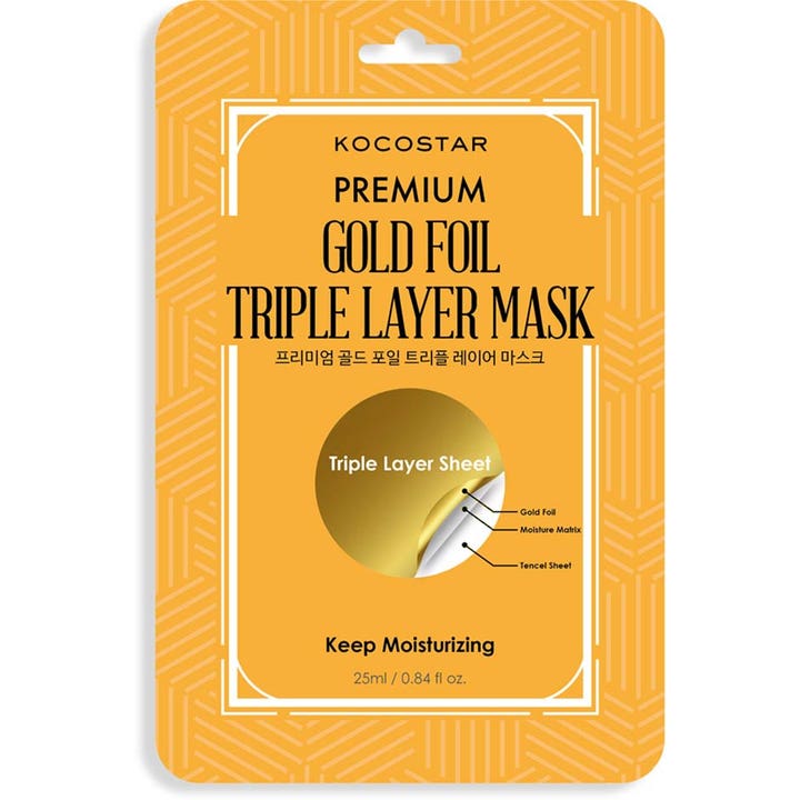 Kocostar Premium Gold Foil Triple Layer Mask 25 ml fuktighetsgivende ansiktsmaske i gul pakning med lagvis illustrasjon.
