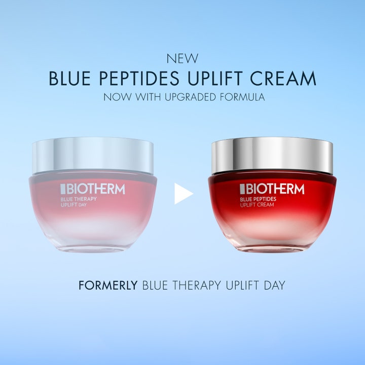 Biotherm Blue Peptides Uplift Cream 50 ml oppstrammende dagkrem i røde glasskrukker som viser nytt design