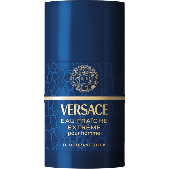 Versace Man Eau Fraîche Extrême 75ml deodorant stick mørkeblå hylse med preget mønster og gullfarget Medusa-logo