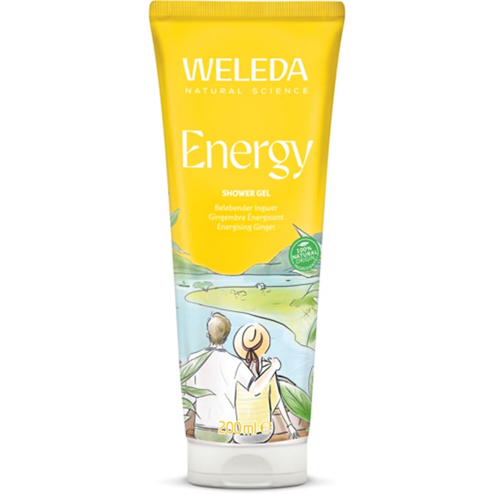Weleda Aroma Shower Energy 200 ml oppkvikkende dusjgelé i gul tube dekorert med ingefær og sedertre.