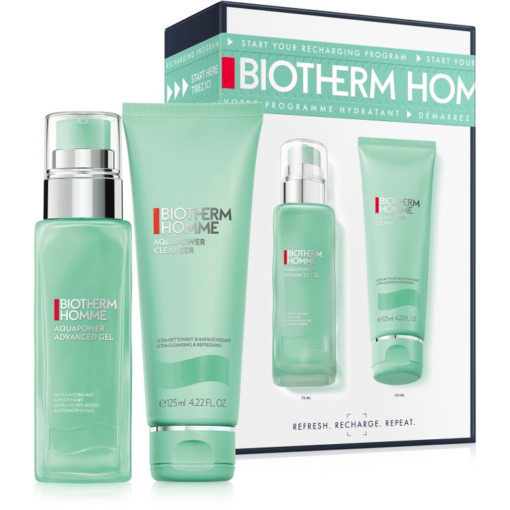 Biotherm Homme Aquapower 75ml og 125ml fuktighetsgivende gavesett i mintgrønn pumpeflaske og tube med sølvdetaljer