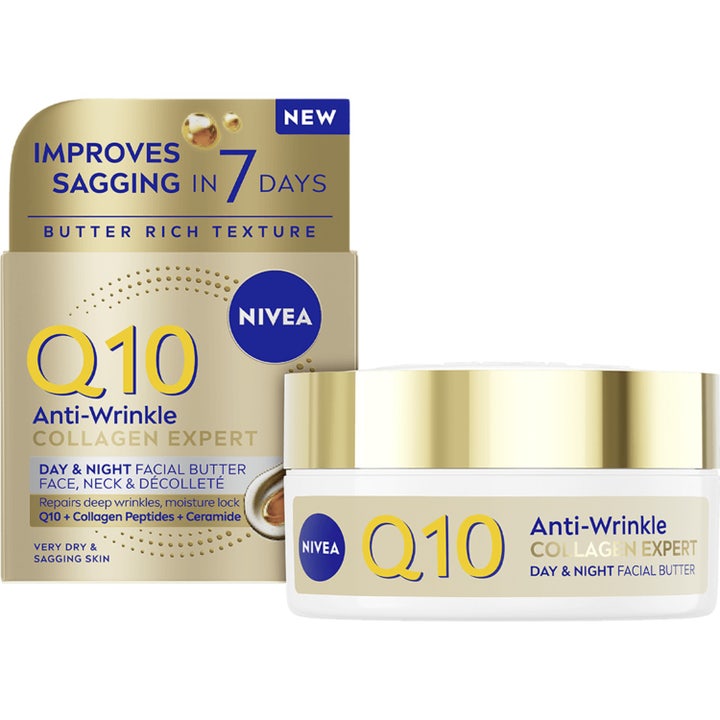 Nivea Q10 Anti-Wrinkle Collagen Expert Facial Butter mot rynker i hvit krukke med gullfarget lokk og ytteremballasje
