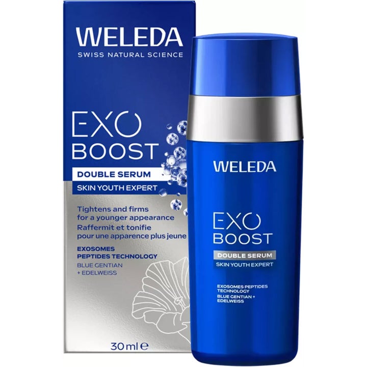 Weleda Exo Boost Double Serum 30 ml oppstrammende ansiktsserum i blå og sølvfarget emballasje med peptider og edelweiss