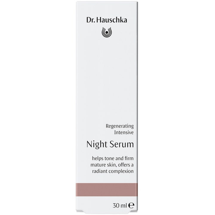Dr. Hauschka Regenerating Intensive Night Serum 30 ml strammer opp moden hud i hvit eske med bronsefarget stripe