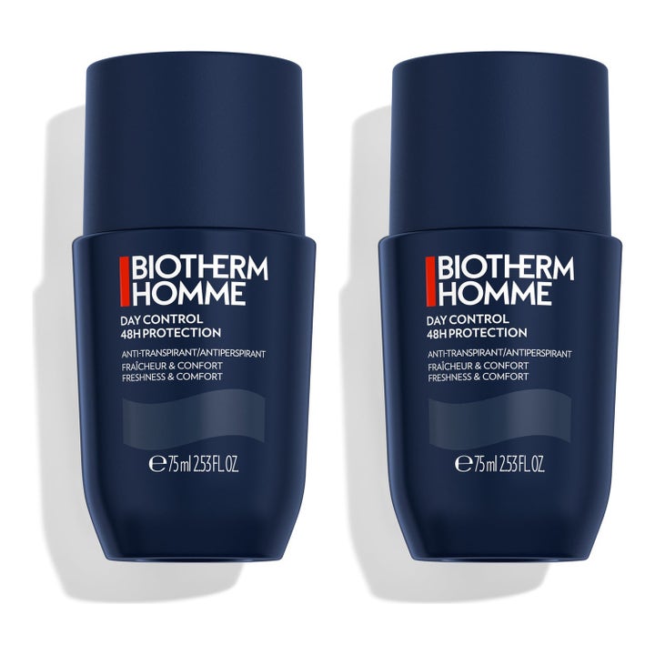 Biotherm Homme Day Control 48H Protection 75 ml antiperspirant som gir friskhet i to mørkeblå roll-on flasker