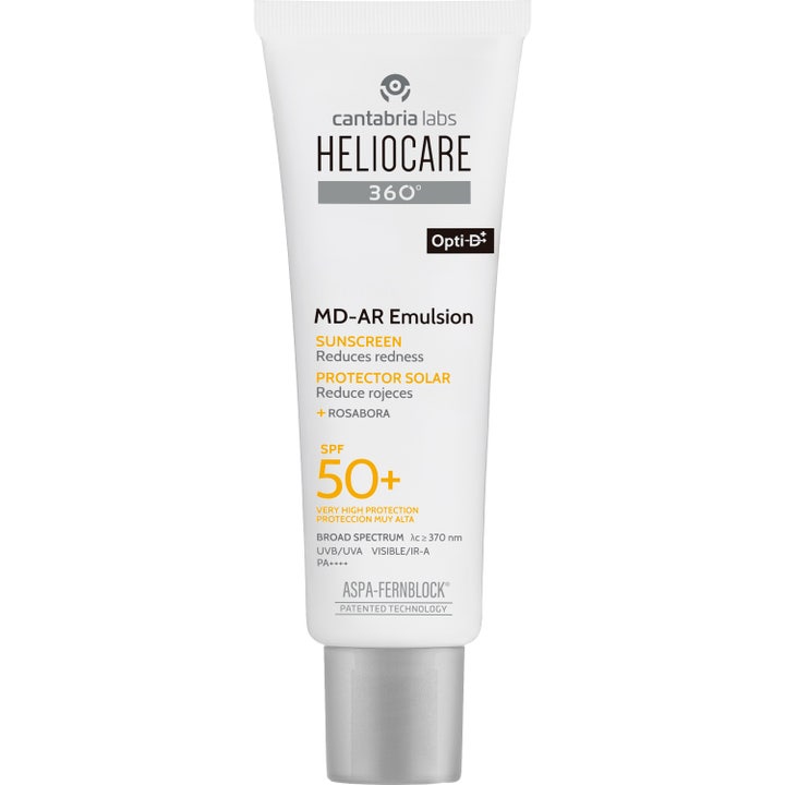 Heliocare 360 MD A-R Emulsion solkrem mot rødhet i hvit tube med sølvfarget kork og oransje SPF 50 merke