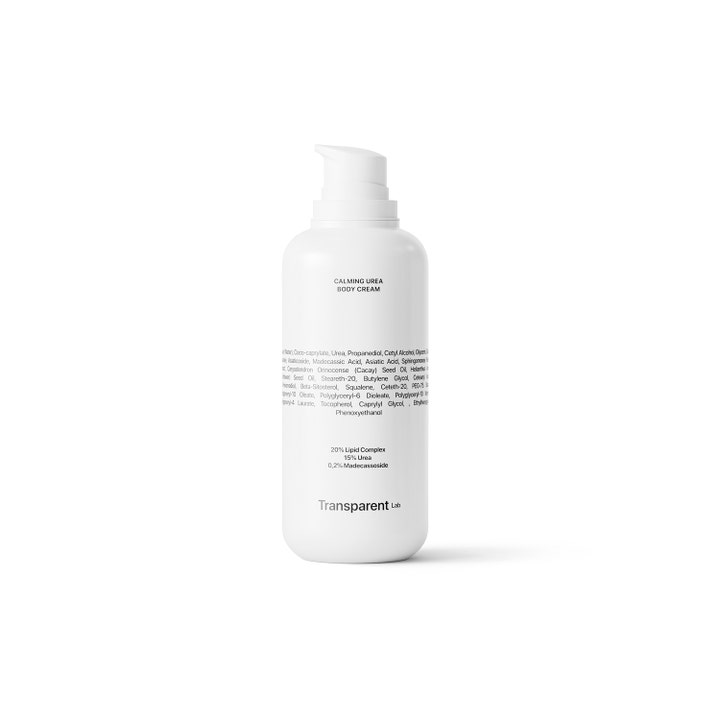 Transparent Lab Calming Urea Body Cream beroligende kroppskrem i hvit plastflaske med hvit pumpe