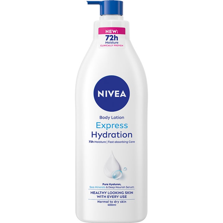 Nivea Express Hydration Body Lotion 400ml fuktighetsgivende kroppslotion i hvit flaske med blå pumpe