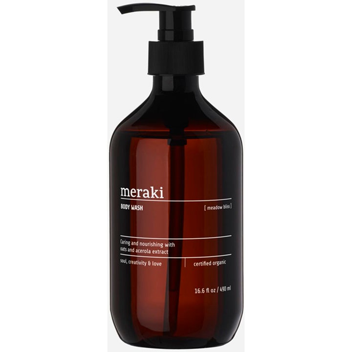 Meraki Meadow Bliss Body Wash 490 ml pleiende økologisk kroppssåpe i ravfarget flaske med pumpe
