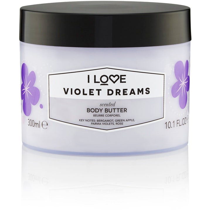 I LOVE Violet Dreams 300ml duftende body butter i gjennomsiktig krukke med sort lokk og lilla blomster.