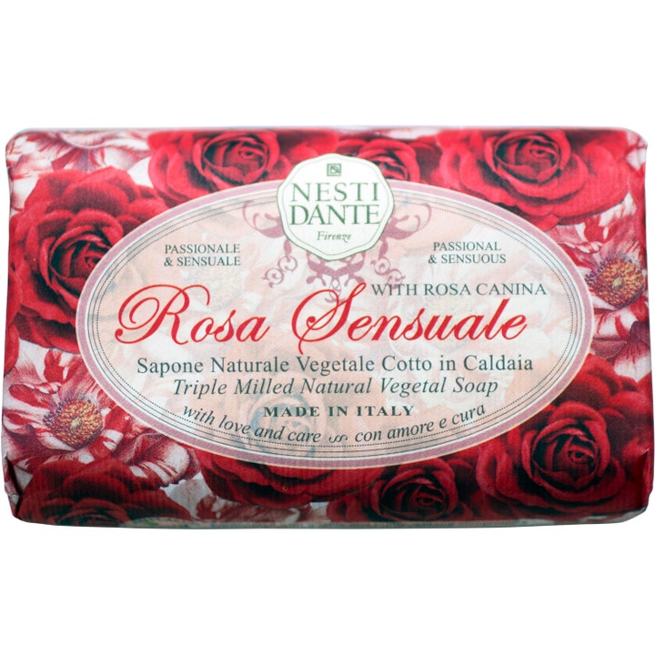 Nesti Dante Rosa Sensuale 250g pleiende fast såpe i papiremballasje dekorert med dype røde roser