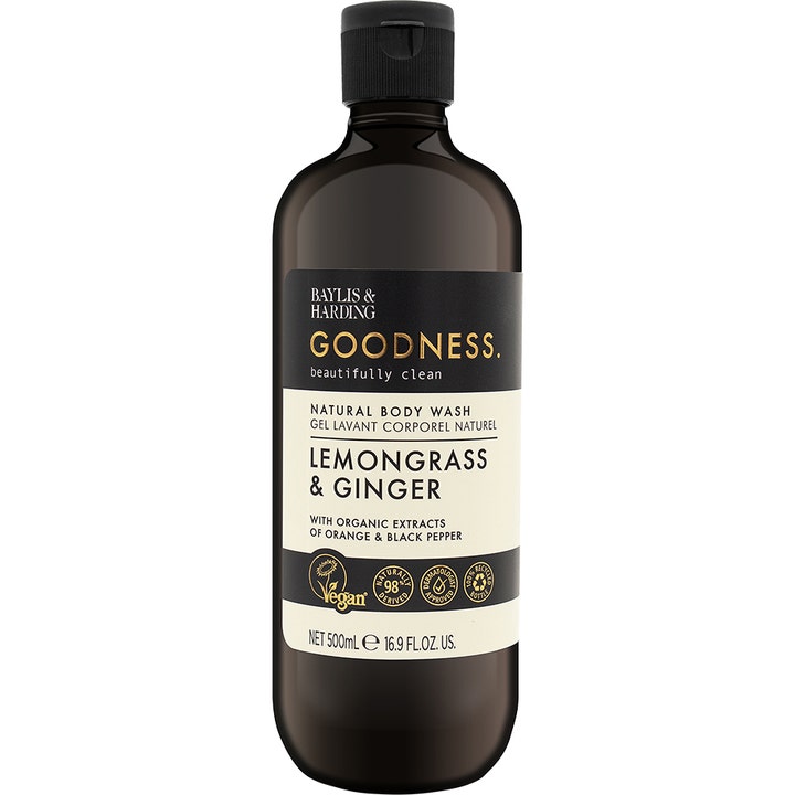 Baylis & Harding Goodness Lemongrass & Ginger 500 ml kroppsvask i mørk plastflaske med sort kork.