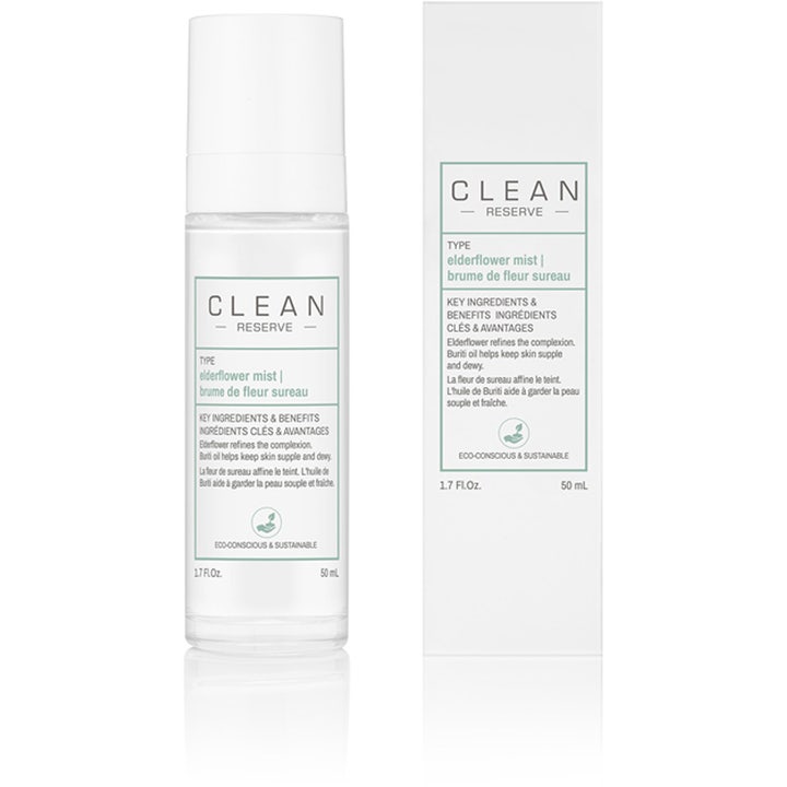 CLEAN Reserve Elderflower Mist 50 ml ansiktsspray som gir glød i hvit flaske og eske med grønne detaljer