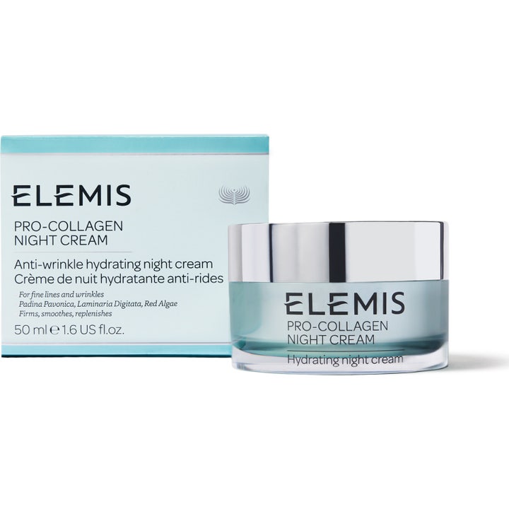 Elemis Pro-Collagen Night Cream 50 ml fuktighetsgivende nattkrem i lyseblå krukke med sølvlokk og eske.