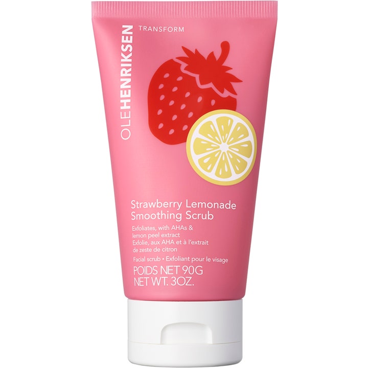 Olehenriksen Strawberry Lemonade Smoothing Scrub 90g ansiktsskrubb med AHA i rosa tube med motiv av jordbær og sitron