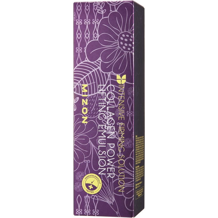 Mizon Collagen Power Lifting Emulsion 120 ml oppstrammende serum i lilla eske med hvitt blomstermønster