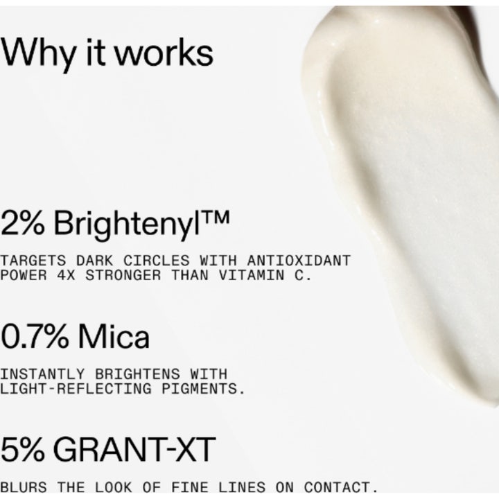 The INKEY List Brighten-i Eye Cream 15 ml øyekrem mot mørke ringer med en lys dråpe krem på hvit tube.