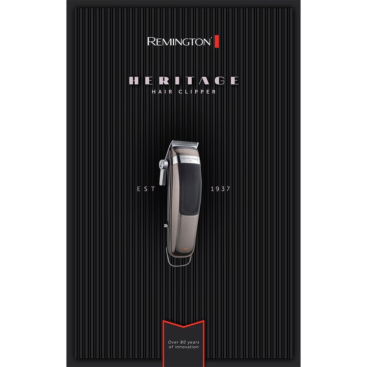 Remington Heritage Hair Clipper 1 stk hårklipper i sølvdesign på sort stripete bakgrunn med EST 1937 tekst.
