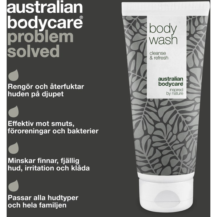 Australian Bodycare Body Wash 200 ml dusjsåpe med Tea Tree Oil rengjør huden, hvit tube med grått bladmønster.