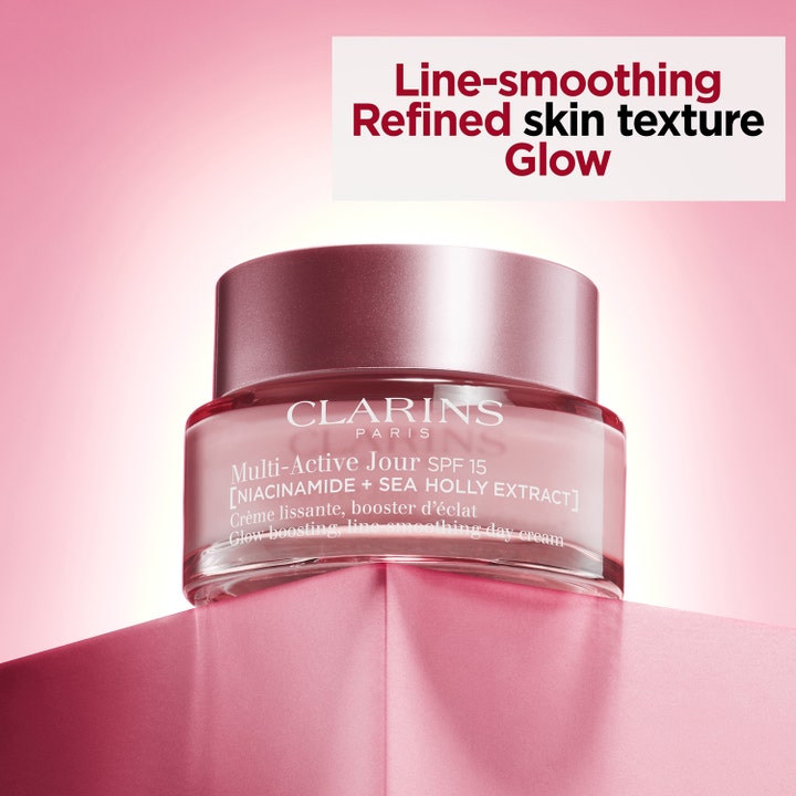 Clarins Multi-Active Jour 50 ml glødgivende dagkrem med niacinamide i rosa glasskrukke som glatter ut huden