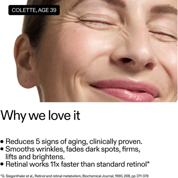 The INKEY List Advanced Retinal Serum 15 ml mot rynker viser en smilende kvinne og tekst om 11x raskere retinal