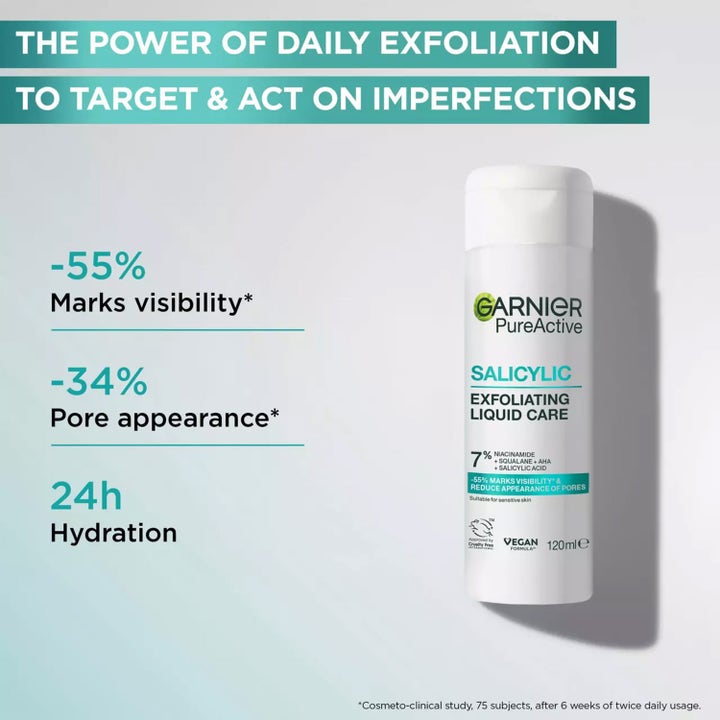 Garnier PureActive Salicylic Exfoliating Liquid Care 120 ml eksfoliering som gir 24h fuktighet og reduserer porer