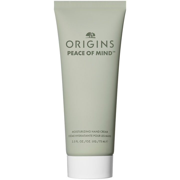 Origins Peace of Mind 75 ml fuktighetsgivende håndkrem i en salviegrønn tube med hvit kork.